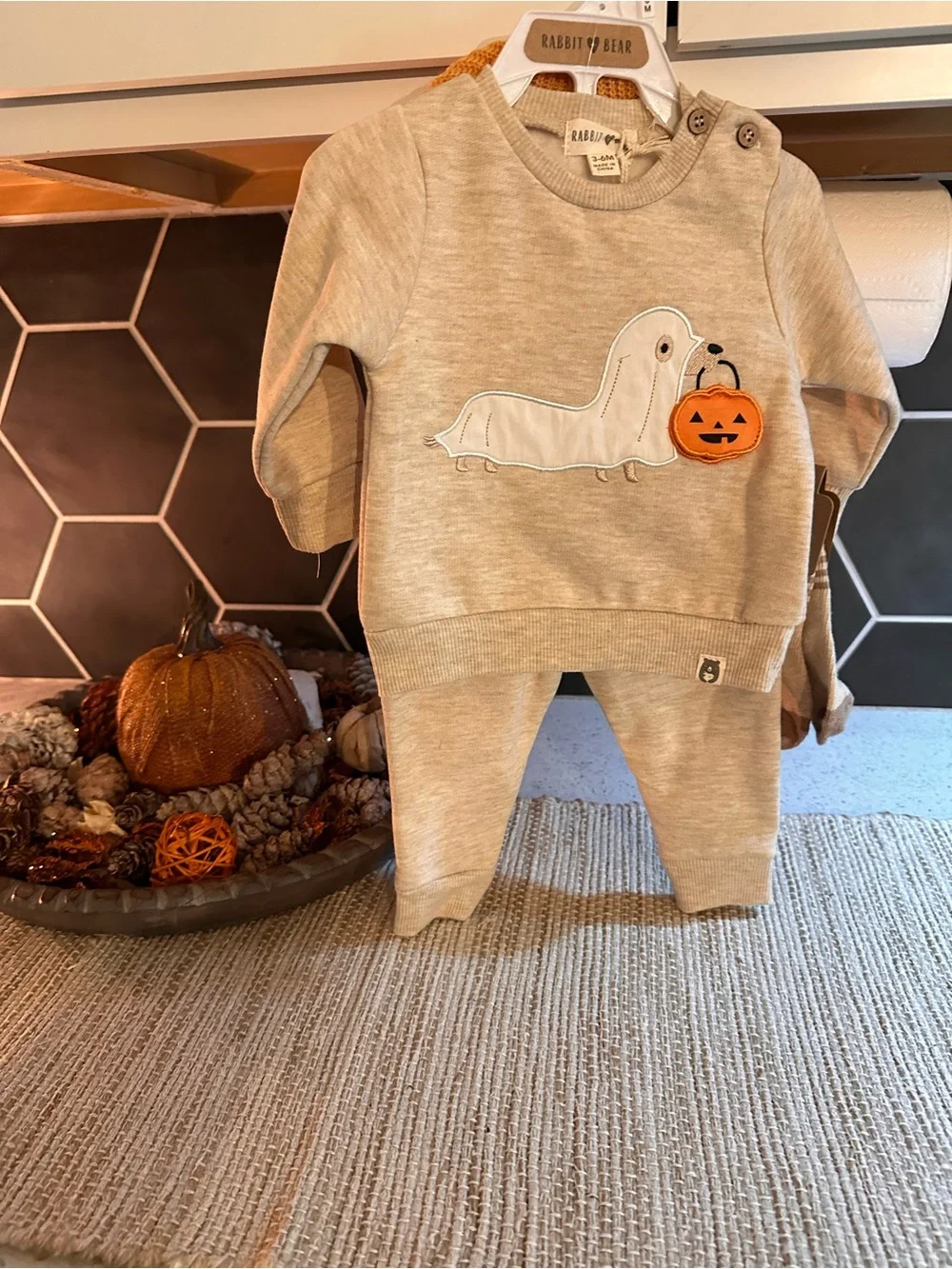 Rabbit & Bear Beige Baby Sweatshirt Set with Dachshund Ghost & Pumpkin Appliqué